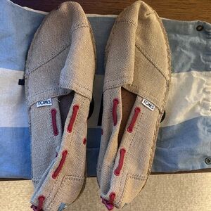 TOMS Beige and Red Canvas Flats